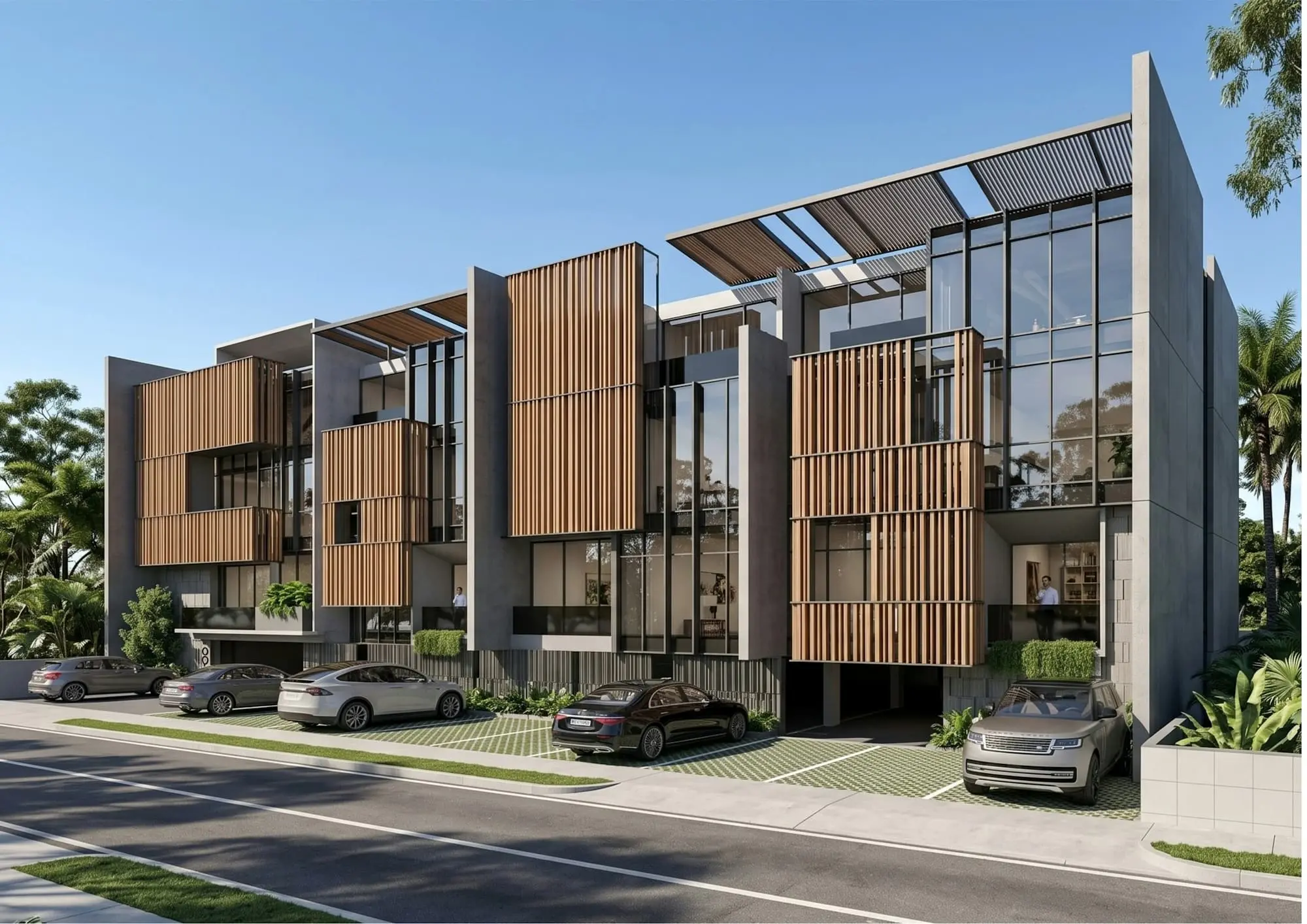 Contemporary apartment building with vertical timber screens and a street of parked cars