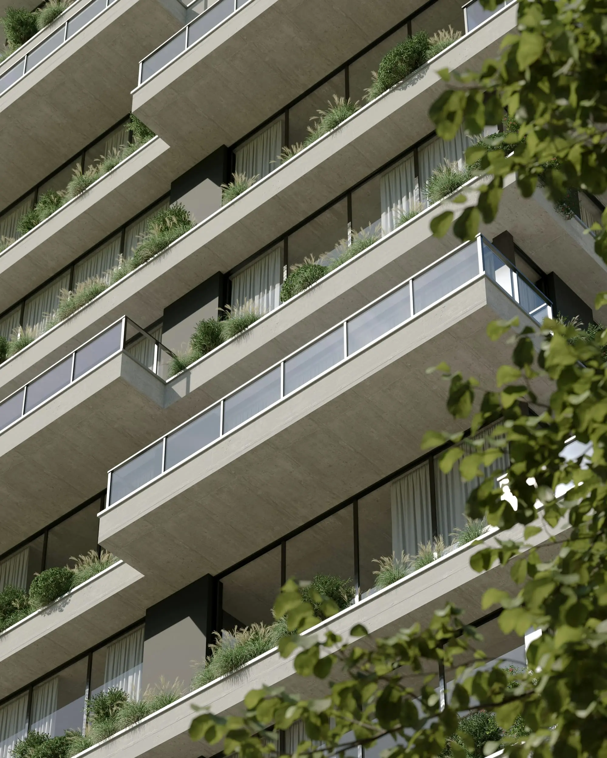 Apartment block seen from below, with deep concrete balconies planted with greenery