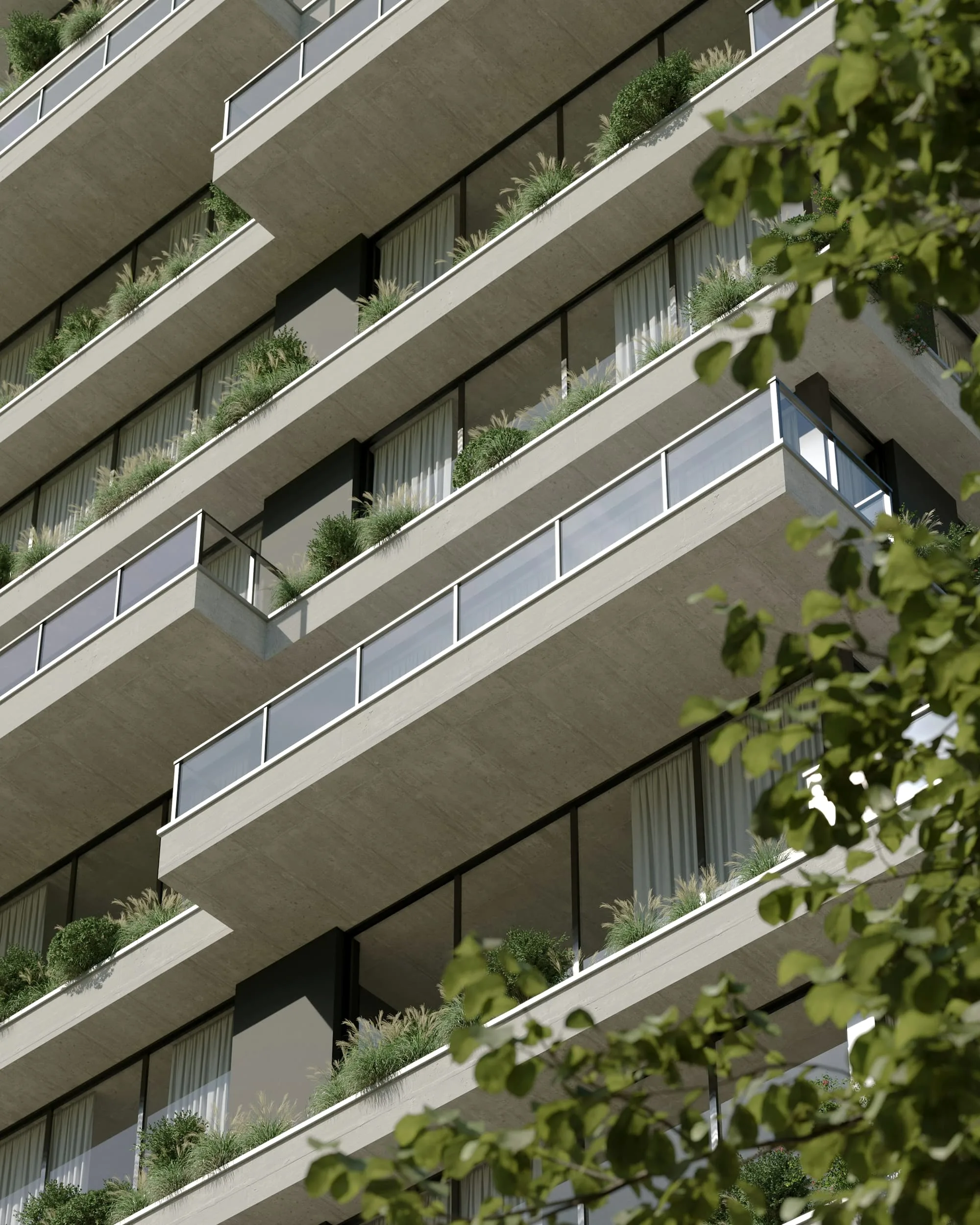Apartment block seen from below, with deep concrete balconies planted with greenery