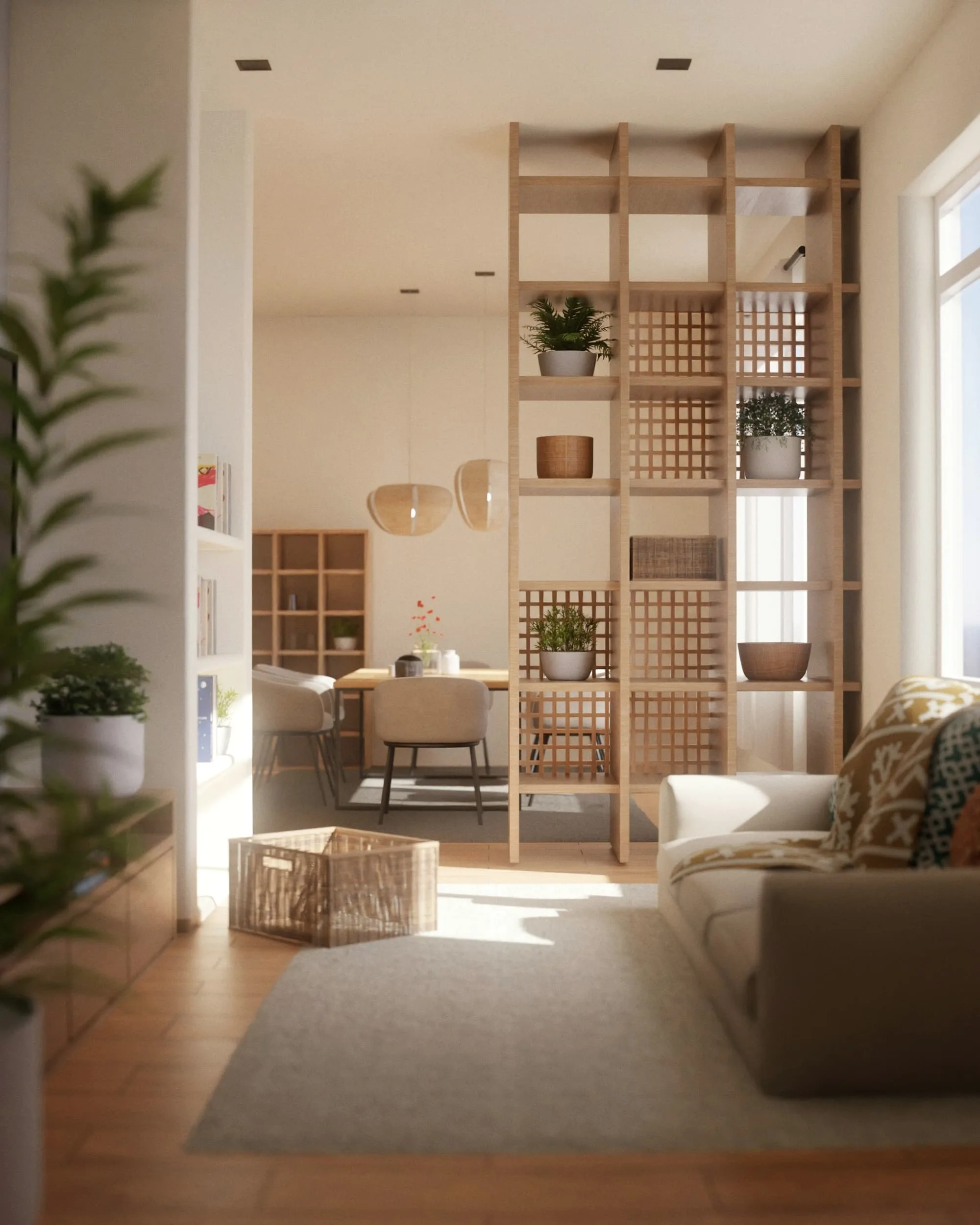 Living and dining area with a timber lattice screen and warm daylight