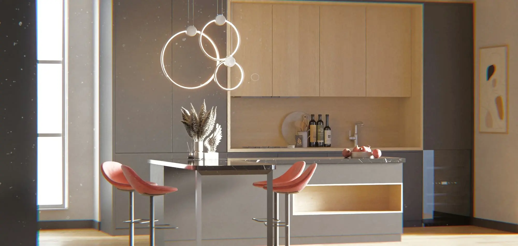Kitchen island with ring pendants, oak joinery and warm backlighting