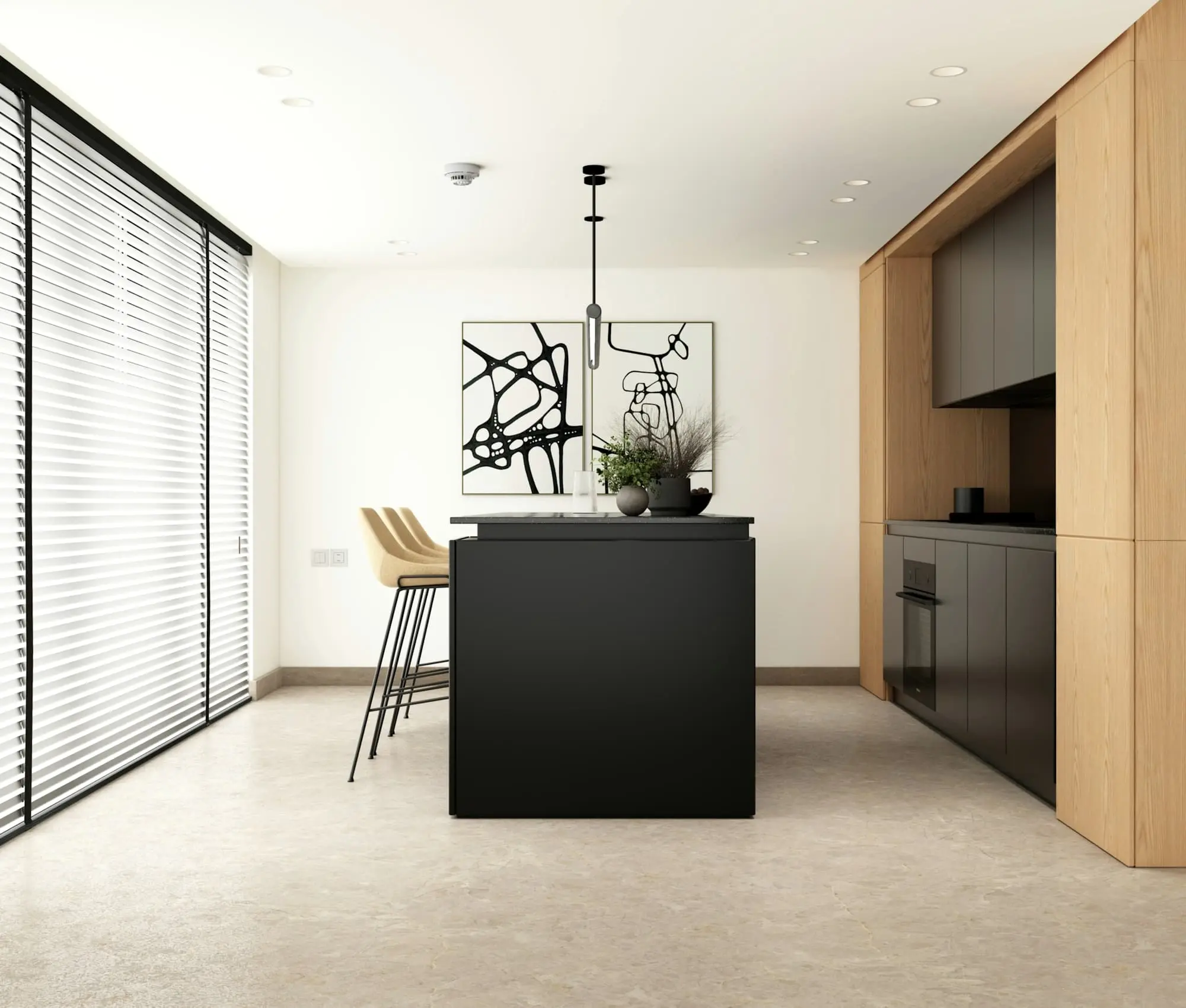 Minimal kitchen with a black island, oak units and a large window
