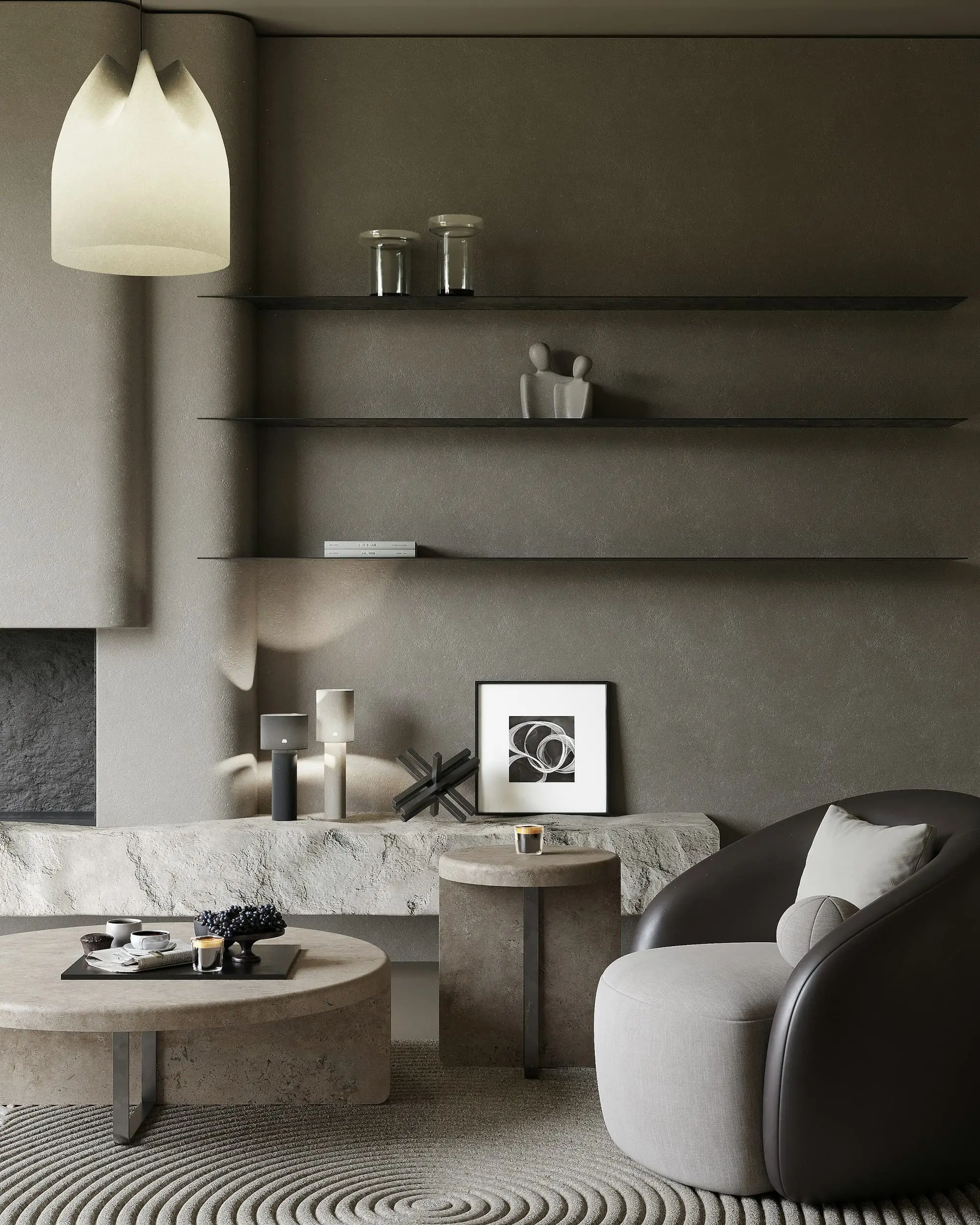 Living room with a stone fireplace and dark floating shelves against a textured wall