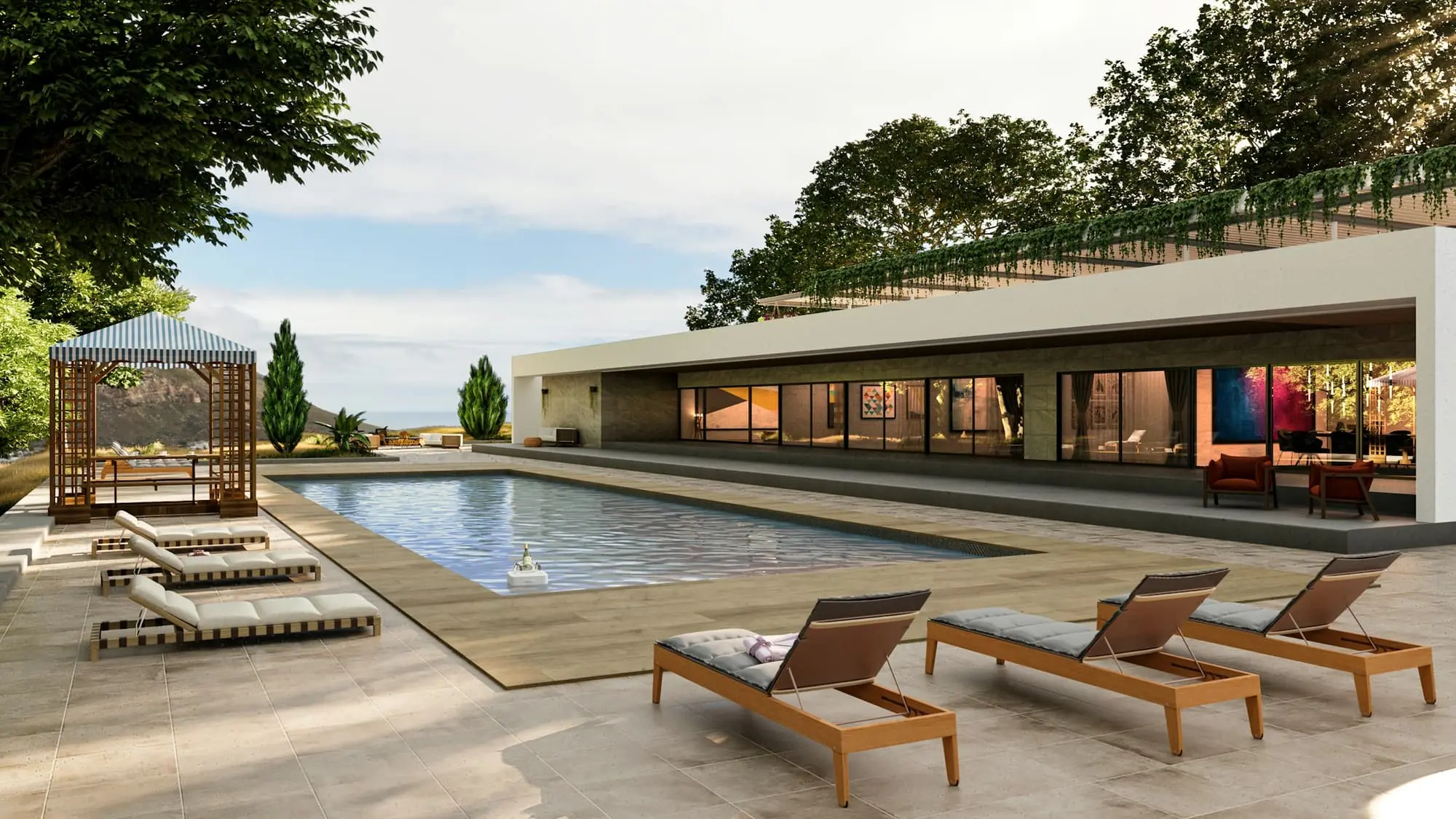 Long, low villa beside a rectangular pool with timber loungers