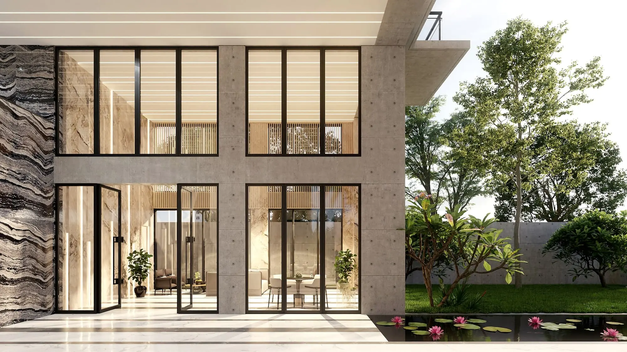 Stone and glass facade with full-height windows opening to a planted garden